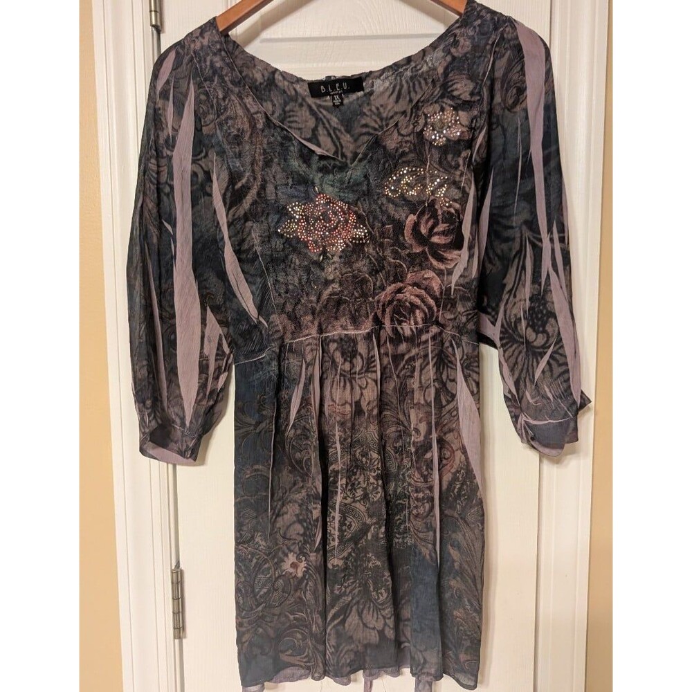 Vintage B.L.E.U. Whimsigoth Floral Rhinestone Tunic Top Sheer 3/4 Sleeve Y2K